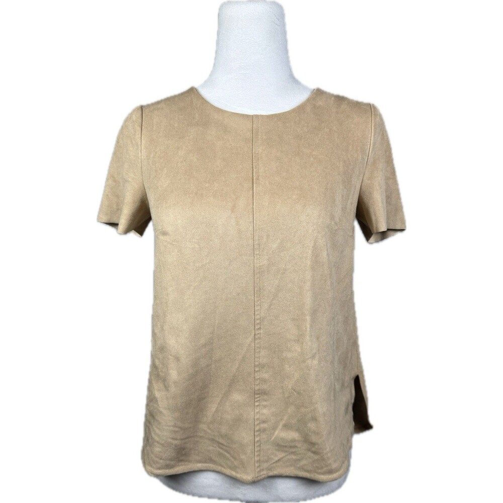 EUC 1. STATE Tan Faux Suede Spandex Short Sleeve Seamed Tunic Size XS
